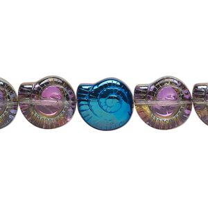 Pressed glass 1pkg1, half-coated 2-sided nautilus shell bead, 15.5-16 inch metallic blue / vitrail 12x11.5mm