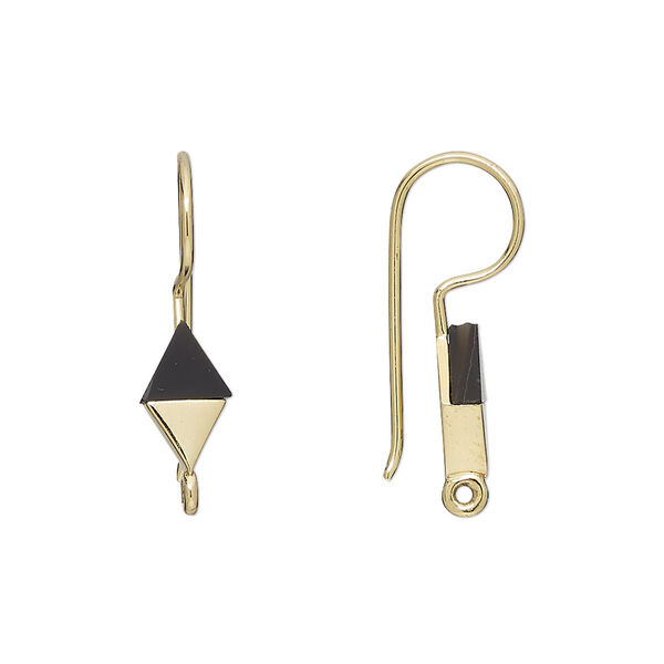 Ear wire, black onyx (dyed) and gold-finished sterling silver, 24mm fishhook with 10x6mm hand-cut diamond and closed loop, 19 gauge. Sold per pair. image number 0