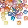 Bead mix, acrylic, translucent mixed rainbow colors AB, 6mm cube with alphabet letters. Sold per pkg of 100. image number 0