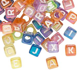 Bead mix, acrylic, translucent mixed rainbow colors AB, 6mm cube with alphabet letters. Sold per pkg of 100.