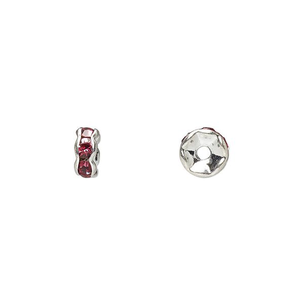 Bead, glass rhinestone and silver-plated brass, rose, 6x3mm rondelle. Sold per pkg of 10. image number 0
