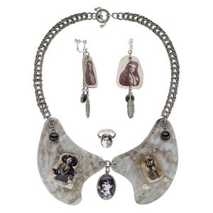 Necklace / earring / ring set, One of a Kind Jewelry, antiqued sterling silver / steel / brass, black, 16 inches with fishhook ear wire, size 7 ring. Only one available.