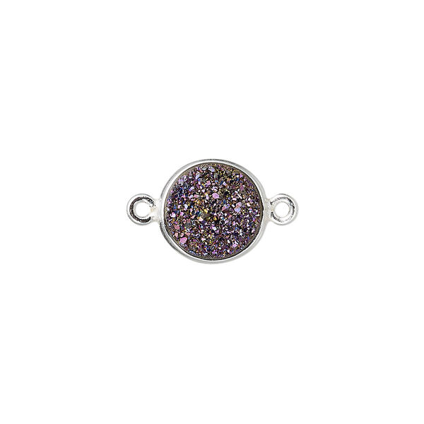 Link, titanium- / electro-coated druzy agate (coated) / sterling silver, purple, 11mm hand-cut single-sided flat round. Sold individually. image number 0