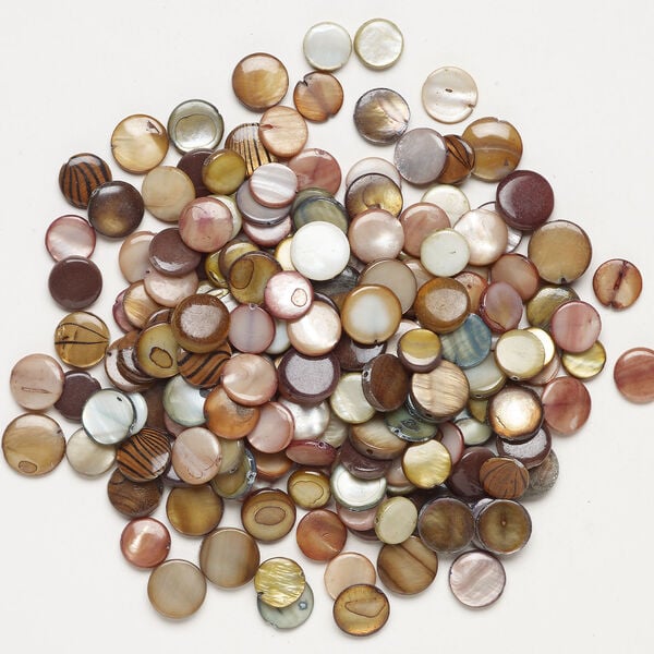 Mother-of-pearl shell 1pkg4oz, puffed flat round bead mix multi-brown 9-12mm image number 1