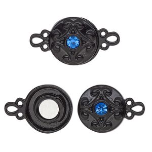 Clasp magnetic 1pkg2 "pewter" (zinc alloy), 12mm double-sided round, black-finished / blue rhinestone 1-strand