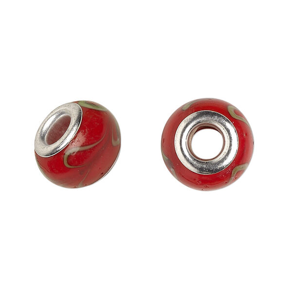 Bead, Dione®, lampworked glass with silver-plated brass grommets, opaque red and green, 14x9mm rondelle with swirls. Sold per pkg of 6. image number 0