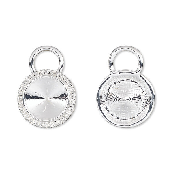 Drop, Almost Instant Jewelry®, silver-plated "pewter" (zinc-based alloy), 20mm round with rope edge and 14mm rivoli setting. Sold per pkg of 2. image number 0