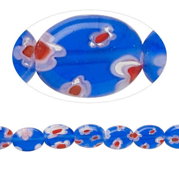 Bead, millefiori glass, translucent cobalt blue / red / white, 8x6mm flat oval with flower design. Sold per 14-inch strand. image number 0