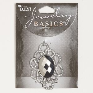 Focal, silver-finished "pewter" (zinc-based alloy) and glass, clear and grey, 55x36mm fancy oval with faceted cabochon. Sold individually.