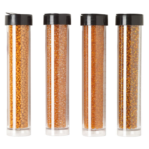 Seed bead assortment, Ming Tree™, glass, pkg/(4) 4 x 3/4 inch vials, #11 round, opaque and transparent silver-lined luster orange. image number 0