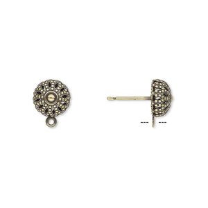 Earstud 1pkg10 antique gold-plated, 8mm filigree domed / closed loop, brass / stainless steel 5 pair