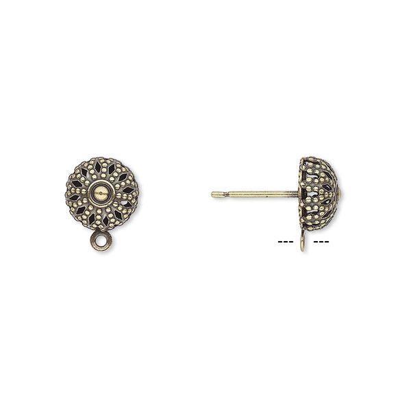 Earstud 1pkg10 antique gold-plated, 8mm filigree domed / closed loop, brass / stainless steel 5 pair image number 0