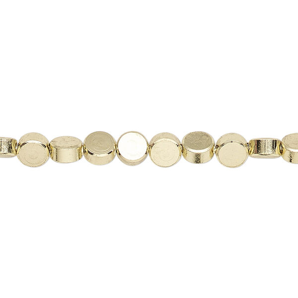 Bead, brass, 4mm flat round. Sold per 8-inch strand. image number 0