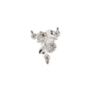 Connector, Britannia pewter (tin-based alloy), 13x12mm single-sided diamond-cut rosary with roses and leaves. Sold individually.