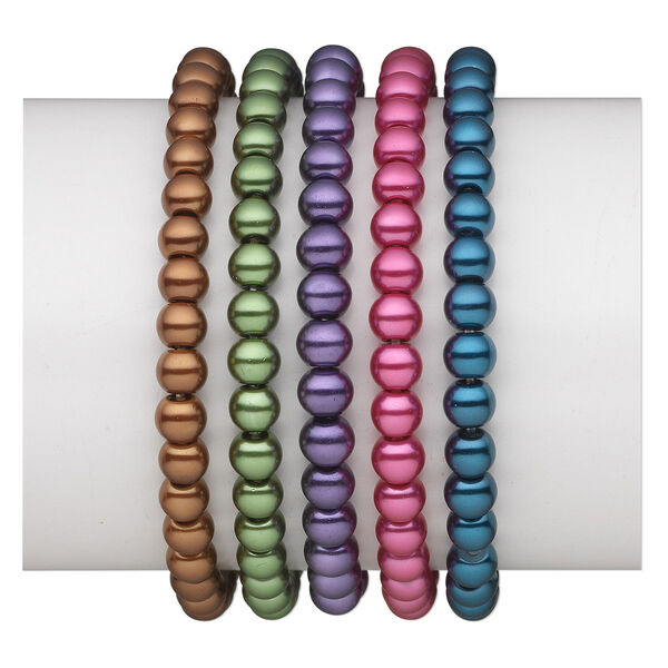 Bracelet mix, stretch, glass pearl, mixed colors, 6mm round, 6 inches. Sold per pkg of 5. image number 0