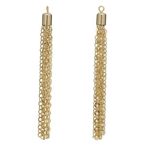 Focal, 1pkg2 gold-finished brass, 3 x 1/4 inch cable chain tassel.