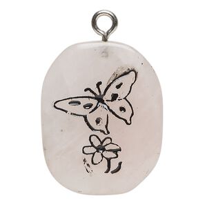Focal 1pkg1 rose quartz / enamel / steel, 26x20-38x31mm single-sided freeform oval / butterfly / flower C grade, natural / silver finish