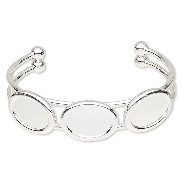 Bracelet, cuff, silver-plated brass and "pewter" (zinc-based alloy), 18mm wide with (3) 18x13mm oval settings, adjustable. Sold individually. image number 0