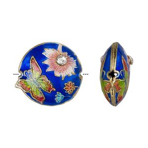 Bead, enamel / gold-finished copper / glass rhinestone, multicolored, 19mm puffed round with butterfly and flower. Sold per pkg of 4.