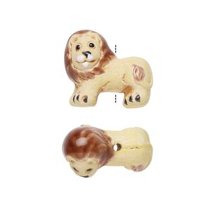 Bead, glazed ceramic, multicolored, 21x15mm hand-painted lion. Sold per pkg of 2.