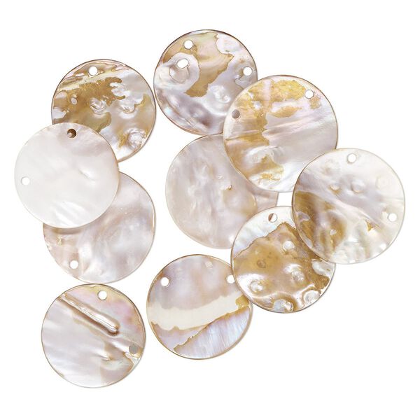 Focal, mother-of-pearl shell (natural / bleached / coated), 48-53mm round with 2 holes, Mohs hardness 3-1/2. Sold per pkg of 10. image number 0
