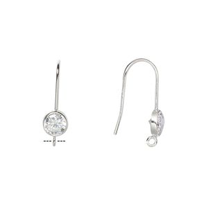Ear wire fishhook 1pkg2 sterling silver / cubic zirconia, 17mm / 5mm faceted round / bottom open loop, 21 gauge clear 1 pair