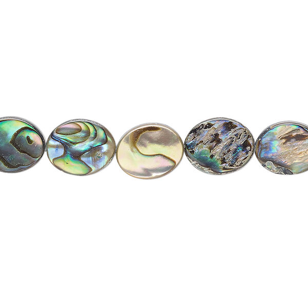 Bead, paua shell (assembled), 10x8mm flat oval, Mohs hardness 3-1/2. Sold per 15-1/2" to 16" strand. image number 0