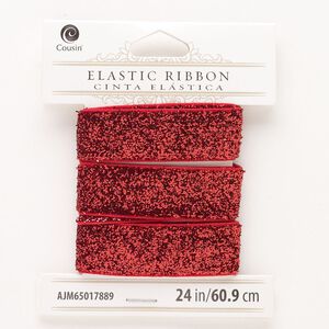 Cord, elastic, pkg/24 inches, 16mm flat, sparkle red.