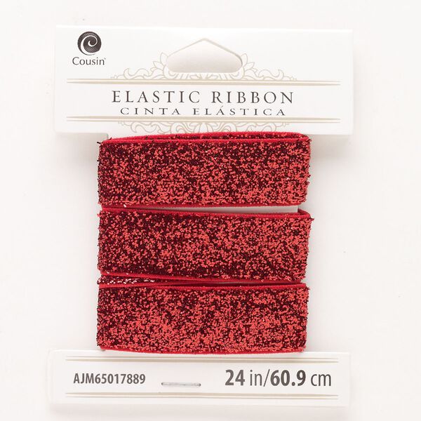 Cord, elastic, pkg/24 inches, 16mm flat, sparkle red. image number 0