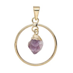 Pendant, Everyday Jewelry, gold-plated brass and amethyst (natural), 30x25mm-32x27mm open round. Sold individually.