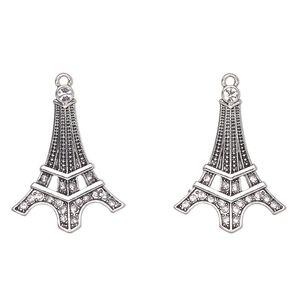 Focal, antique silver-finished "pewter" (zinc-based alloy) and glass, clear, 34x26mm Eiffel tower. Sold per pkg of 2.