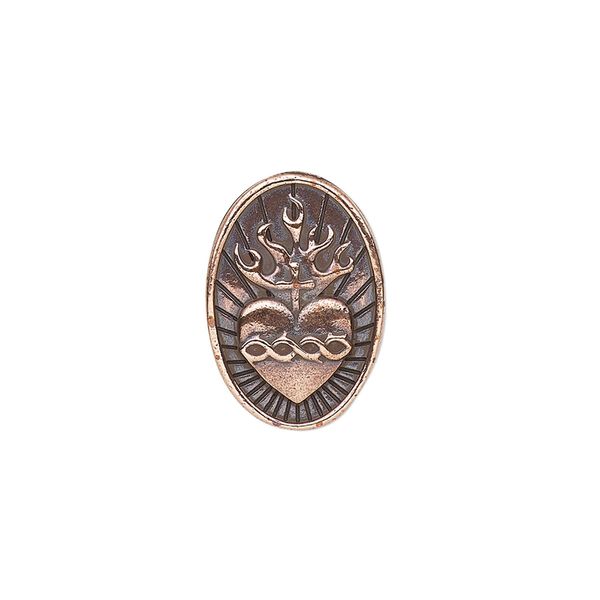 Button, TierraCast®, antique copper-plated pewter, 19x13mm oval with sacred heart and closed loop. Sold individually. image number 0