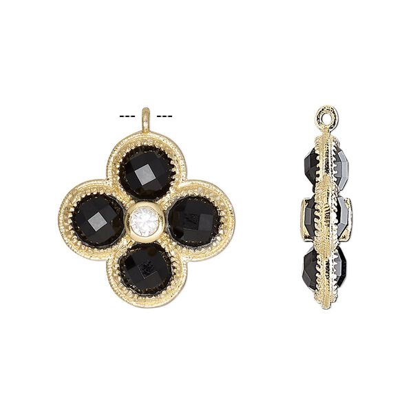 Drop, black onyx (dyed) / cubic zirconia / gold-finished sterling silver, clear, 19mm double-sided faceted flower. Sold individually. image number 0