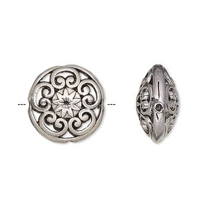 Bead, antique silver-finished "pewter" (zinc-based alloy), 16.5mm double-sided filigree puffed flat round. Sold per pkg of 6.