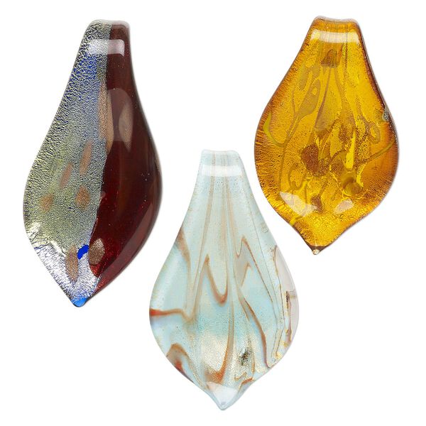 Random mix, lampworked glass, opaque to transparent mixed colors, 40x22mm-52x29mm spoon with silver-colored foil and copper-colored glitter dots and swirls. Sold per pkg of 3. image number 0