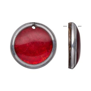 Drop, wood / Capiz shell / resin / aluminum (natural / dyed / assembled), red and clear, 24mm single-sided flat round. Sold individually.