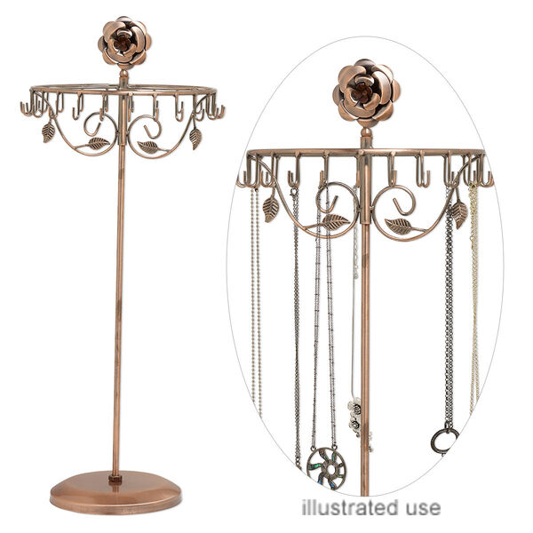 Display, necklace and bracelet, antique copper-finished steel, 21-1/2 x 9 x 6 inches with rose and leaves design with 23 hooks. Sold individually. image number 0