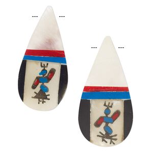 Bead, mother-of-pearl shell (assembled) and resin, multicolored, 38x18mm-39x19mm top-drilled single-sided teardrop with Kachina decal and 0.6mm hole. Sold per pkg of 2.