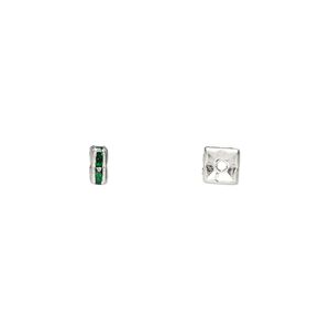 Bead, glass rhinestone and silver-plated brass, emerald green, 4x2mm squaredelle. Sold per pkg of 10.