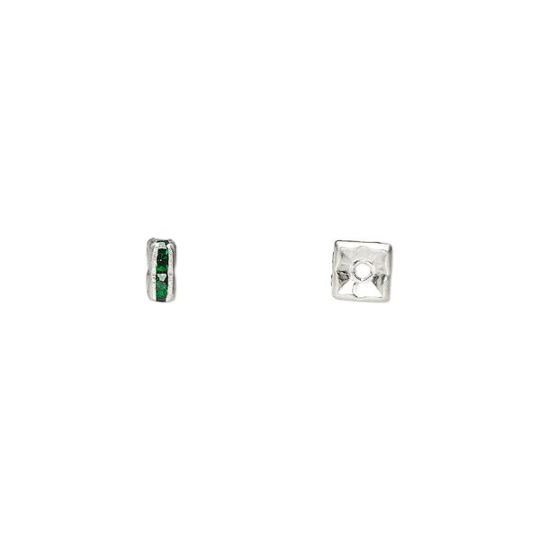 Bead, glass rhinestone and silver-plated brass, emerald green, 4x2mm squaredelle. Sold per pkg of 10. image number 0