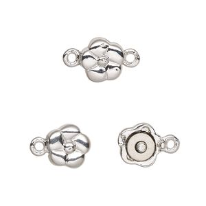 Clasp magnetic 1pkg1 rhodium-plated pewter (tin alloy), 9mm flower, 1-strand