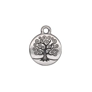 Drop, TierraCast®, antique silver-plated pewter (tin-based alloy), 15.5mm double-sided flat round with tree of life. Sold per pkg of 20.