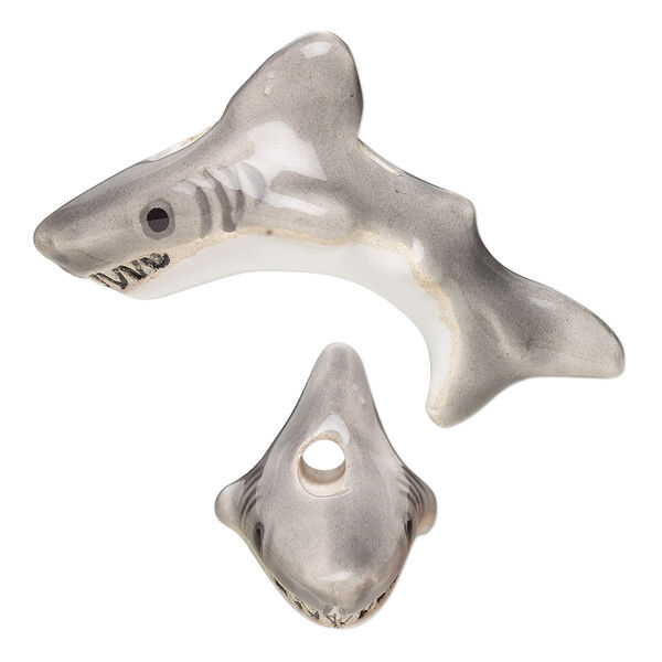 Bead, painted and glazed ceramic, grey / white / black, 37x22mm top-drilled 3D shark. Sold per pkg of 2. image number 0