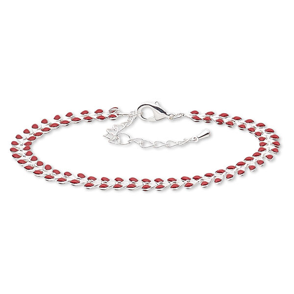 Bracelet, epoxy and silver-finished brass, red, 6.5mm wide with wreath design, 7-1/2 inches with 2-inch extender chain and lobster claw clasp. Sold individually. image number 0