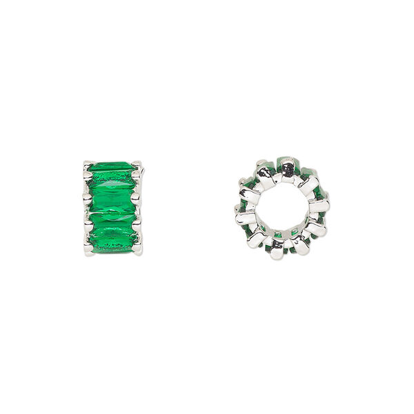 Bead, cubic zirconia and silver-plated brass, emerald, 10.5x6mm rondelle. Sold per pkg of 2. image number 0