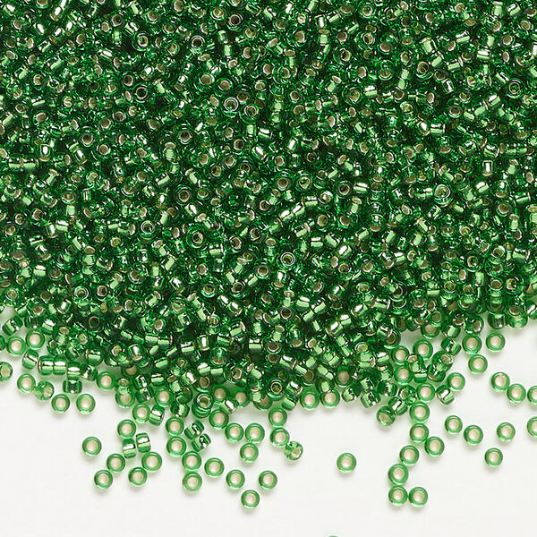 Seed bead, Miyuki, glass, pkg/250g, #15 rocaille, transparent silver-lined green (RR-16). image number 0