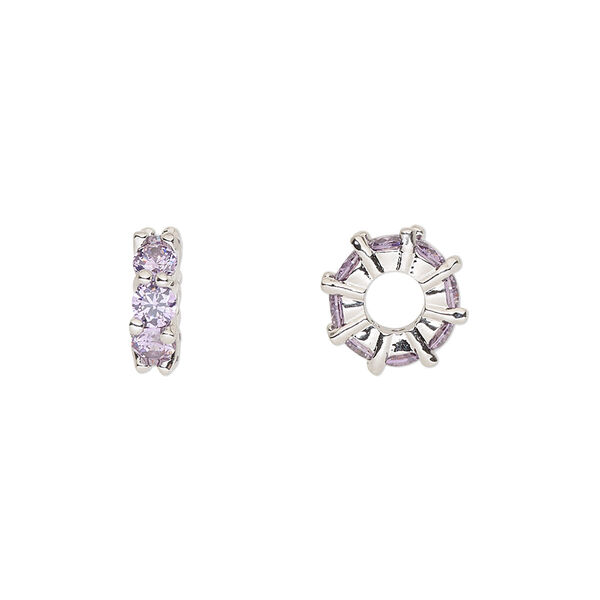 Bead, cubic zirconia and silver-plated brass, amethyst, 10.5x3.5mm rondelle. Sold per pkg of 2. image number 0