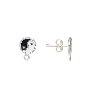 Earstud 1pkg2 sterling silver, 8mm round / closed loop / earnuts, enamel white and black 1 pair