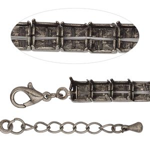 Bracelet component, antique silver-finished brass and steel, 6mm wide cupchain with (25) SS29 rivoli settings, 7 inches with 1-inch extender chain and lobster claw clasp. Sold individually.
