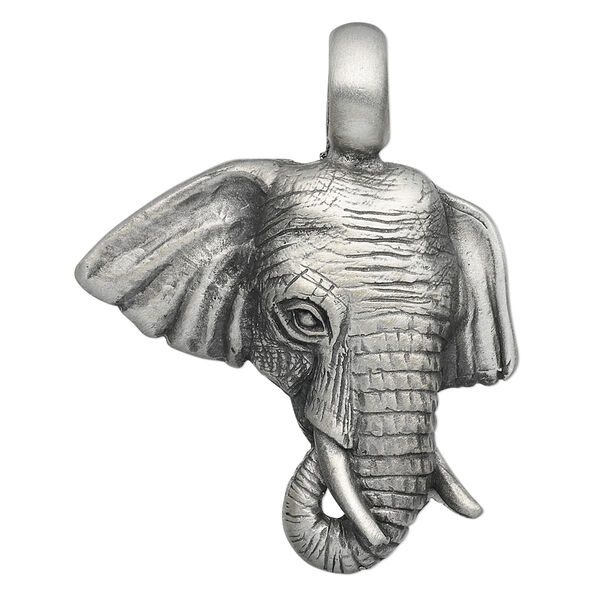 Pendant, Powerful Pewter Pendants, antiqued pewter (tin-based alloy), 43x35mm single-sided elephant head. Sold individually. image number 0